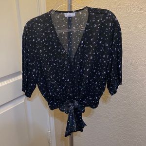 Ivy & Main Floral Tie Black Blouse
